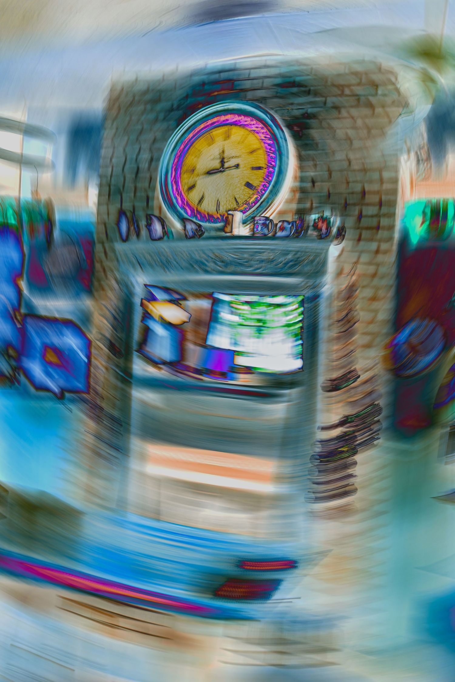 Abstract motion blur art of a brick clock tower with neon clock face showing noon, surrounded by colorful artwork displays.