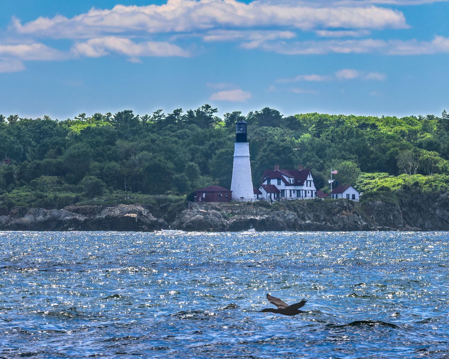 Historic white lighthouse and keeper's house nestled among lush green trees on rocky Maine coastline in summer.