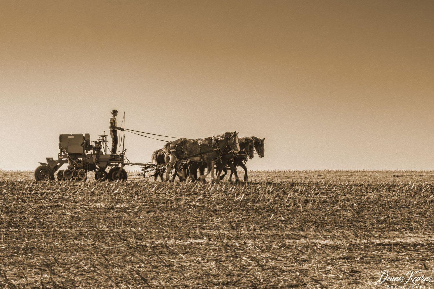 Sepia-toned photo of a farmer using horse-drawn plow equipment across a vast open field.