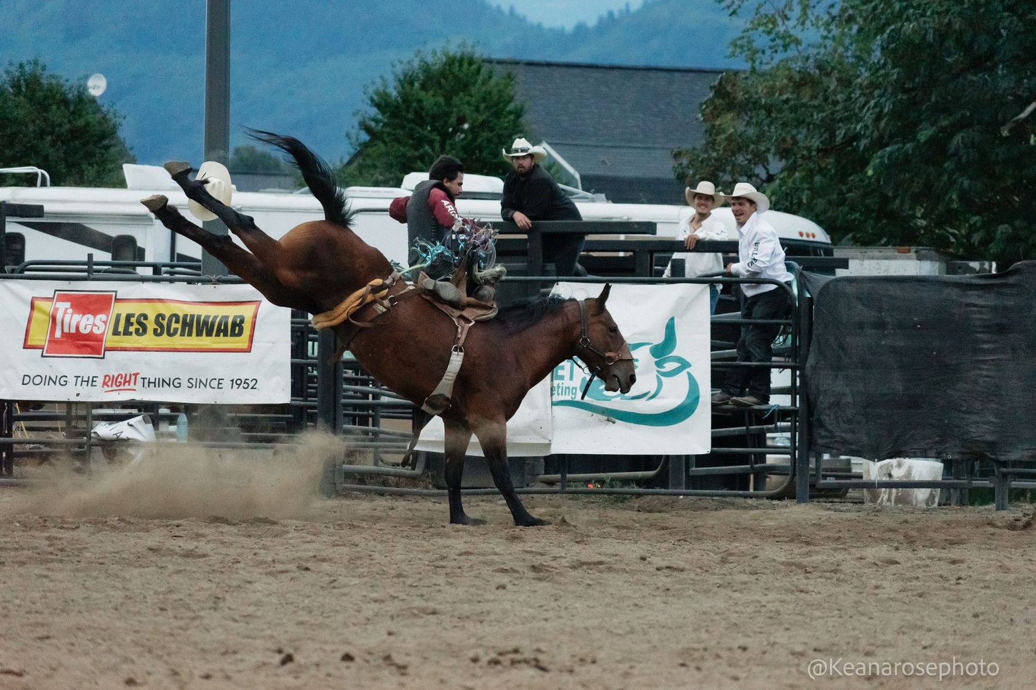 Rodeo bronc rider struggles to stay on a bucking horse near the Les Schwab sponsored arena.