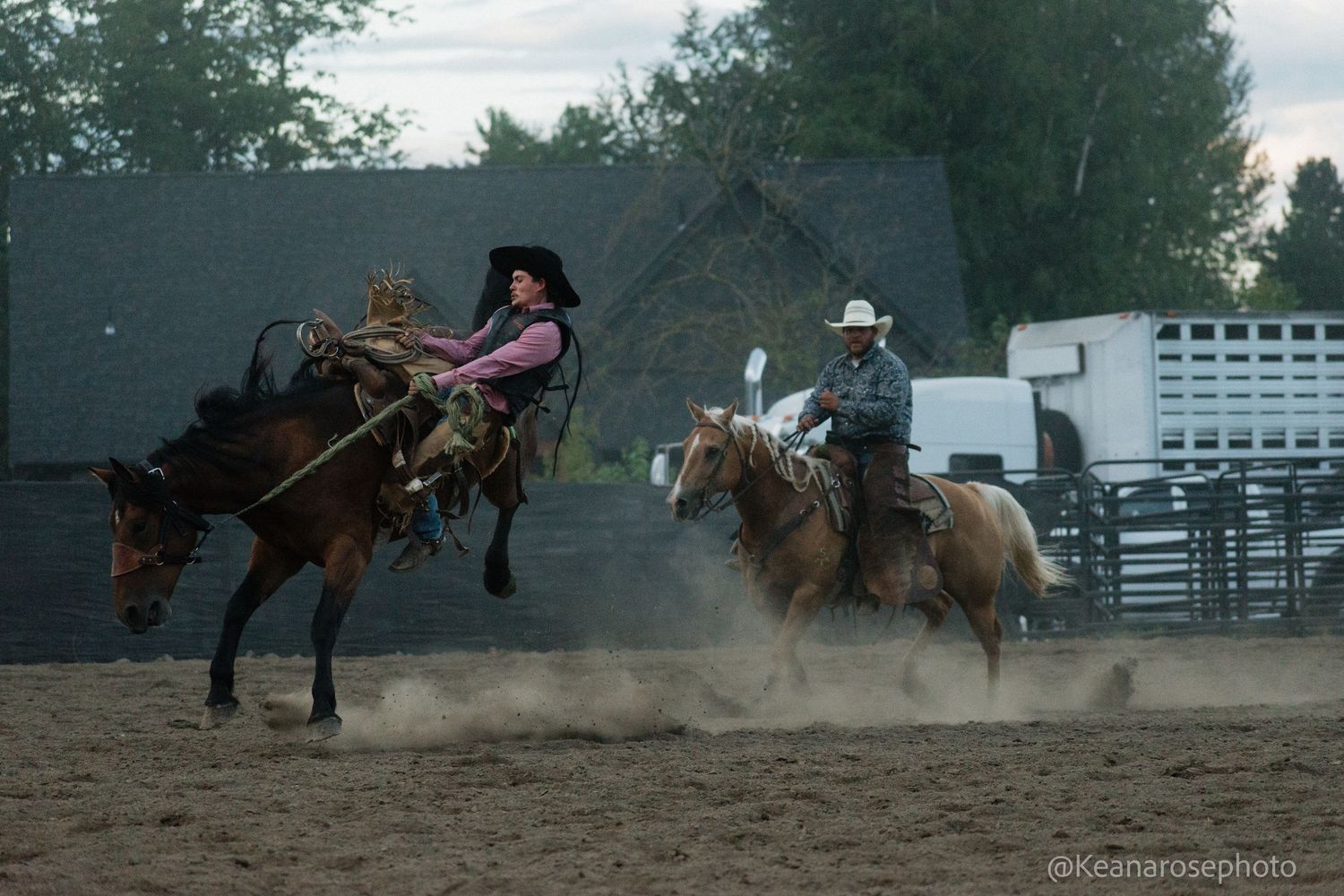 Two cowboys on horseback compete in a rodeo event kicking up dust in an arena.