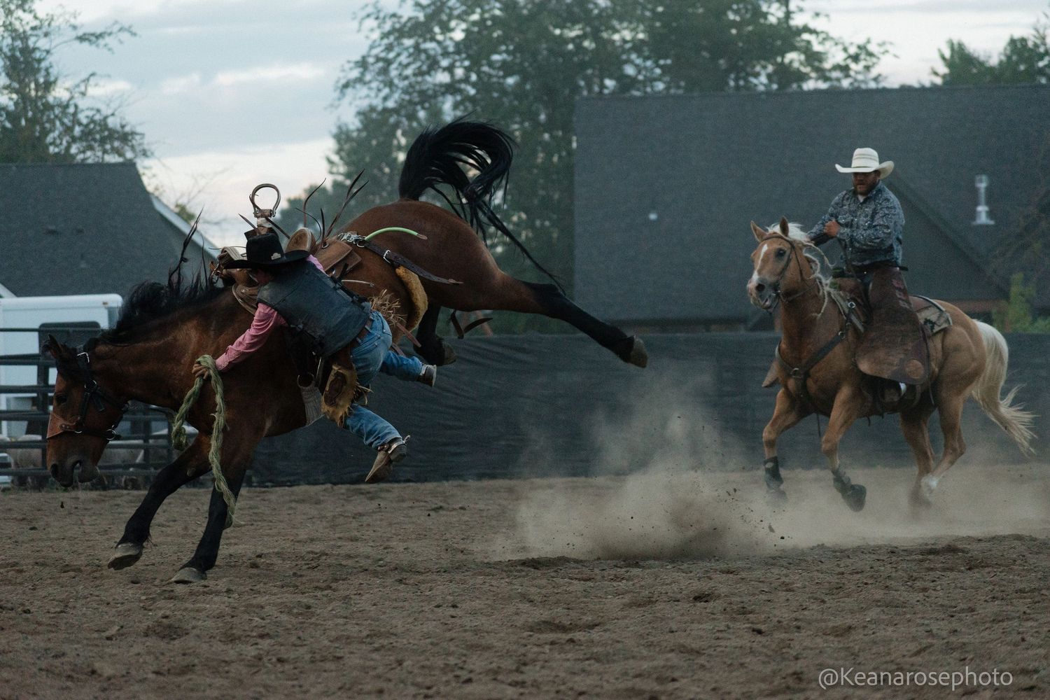 Dramatic bronc riding rodeo scene with horse bucking wildly as pickup rider approaches.