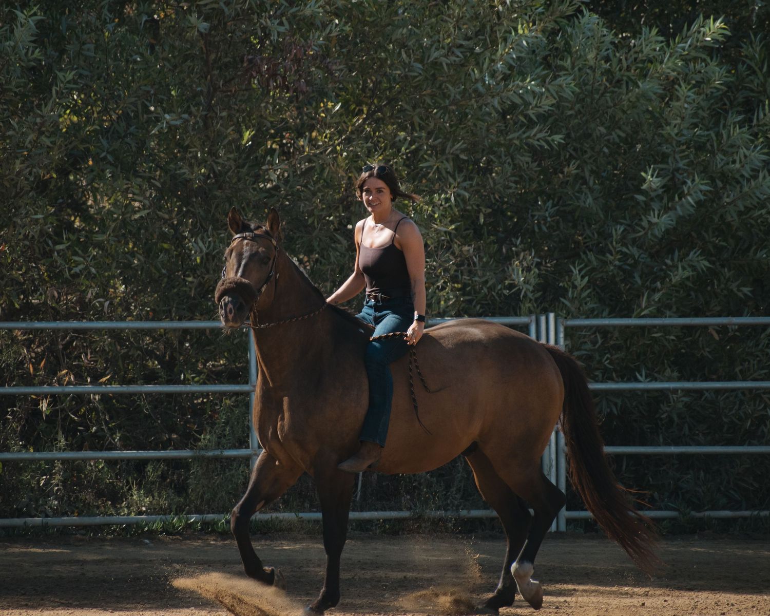 Woman riding a brown horse in an outdoor arena surrounded by lush green trees.