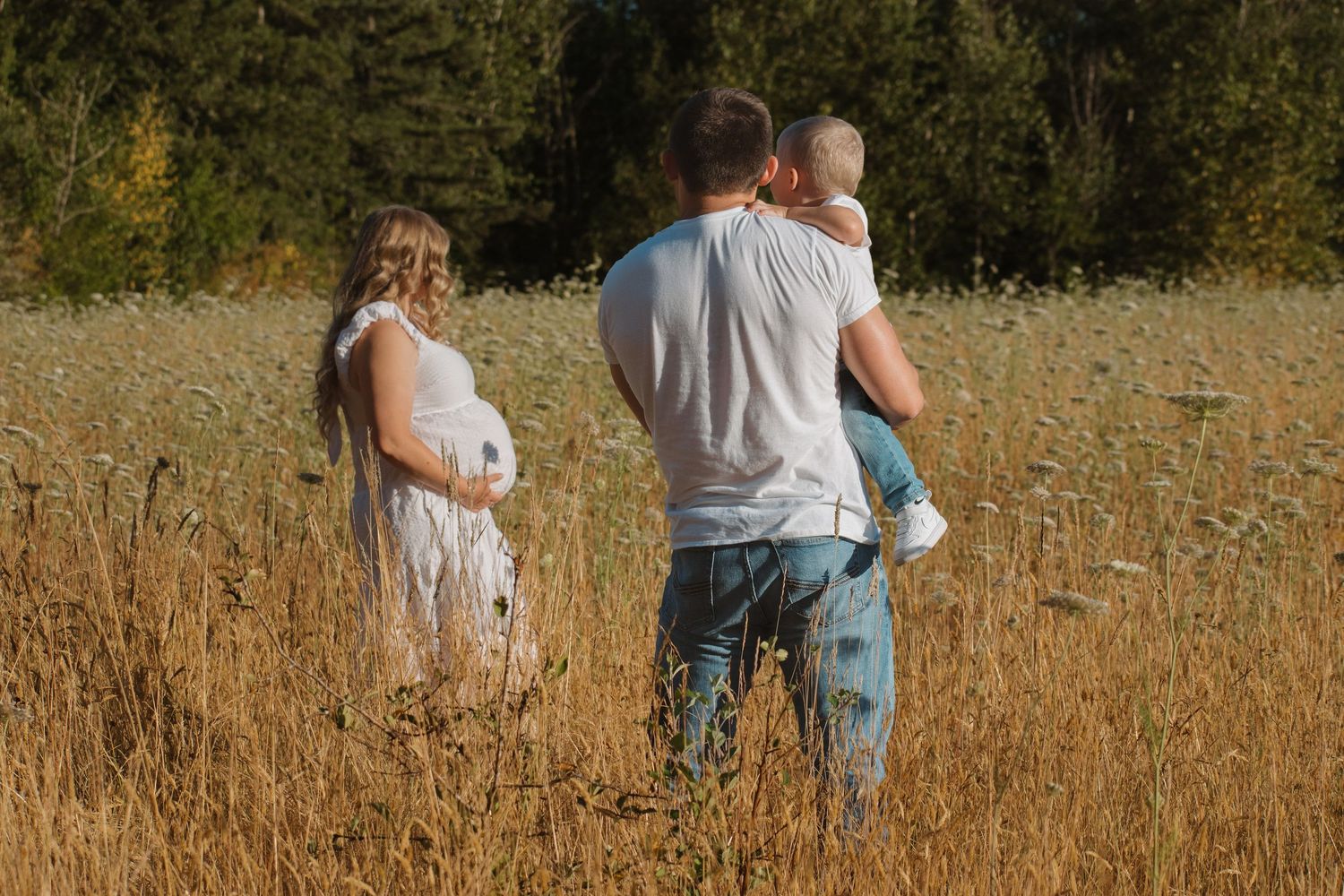 Family of three standing in golden wheat field, pregnant mother and father holding toddler from behind.