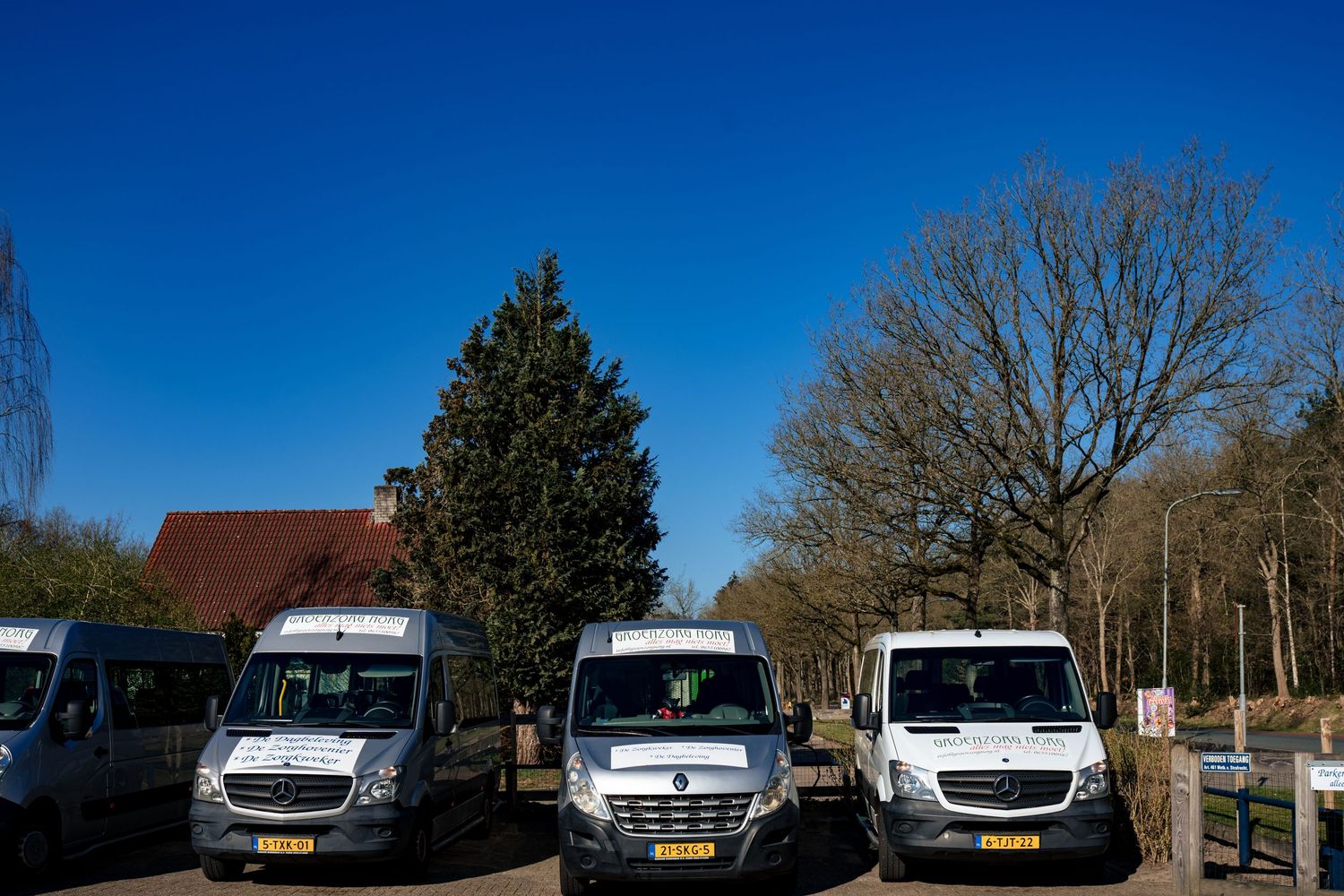 Three white passenger vans parked in a row with trees and blue sky in the background.