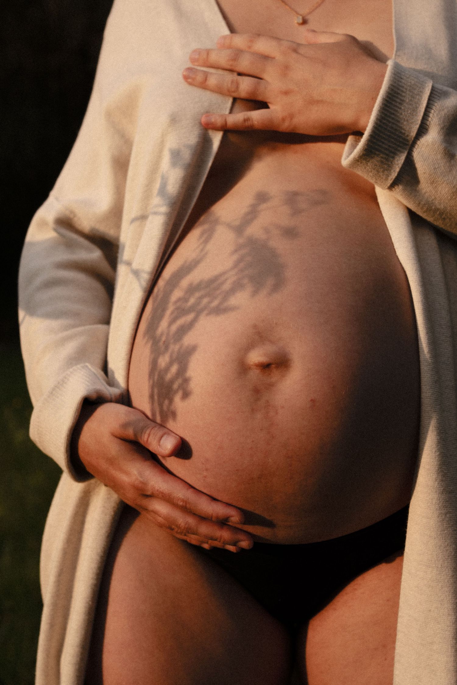 Pregnant belly with shadow of branches cast across skin, hands cradling bump in soft light. By Soft Sacred Studios.