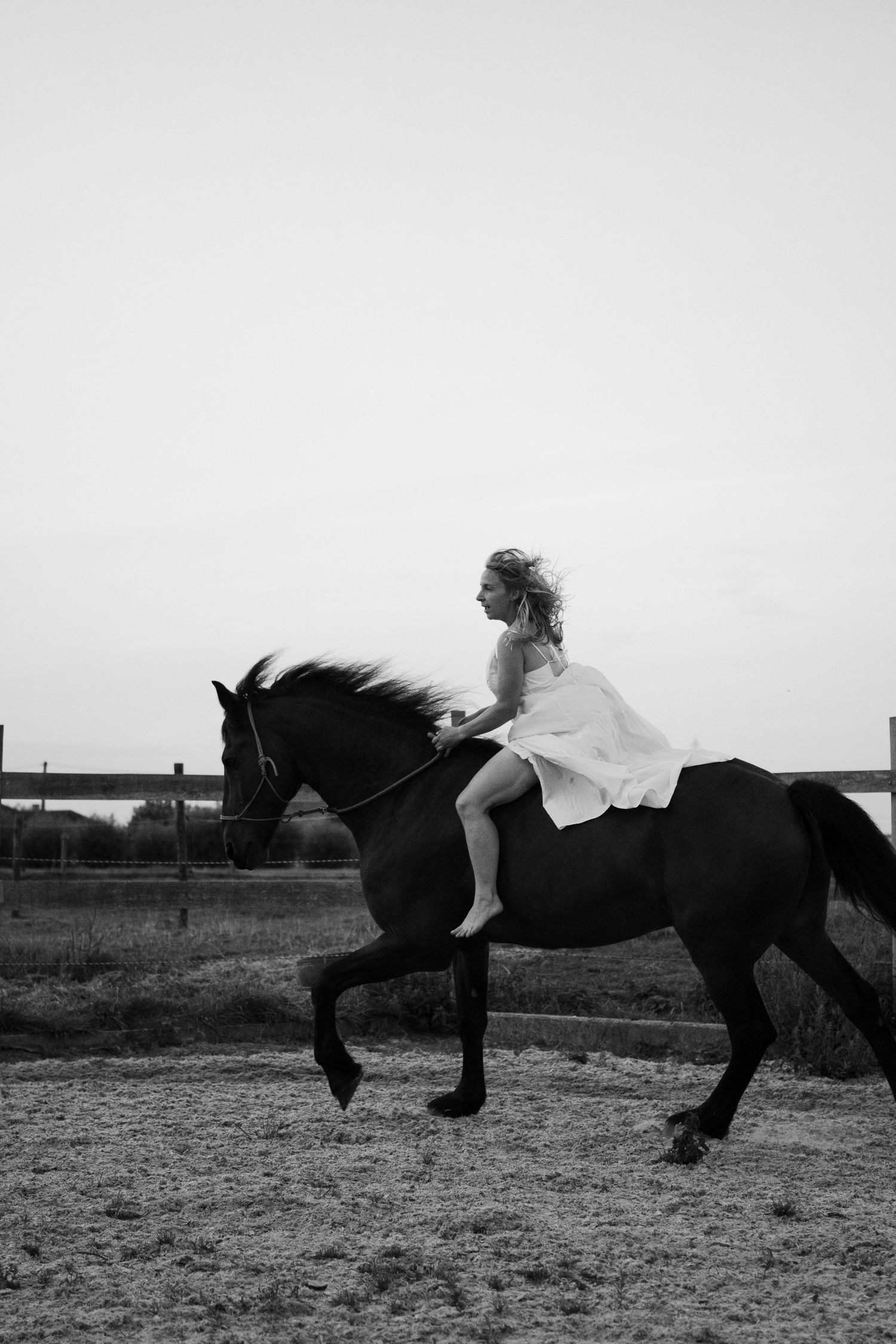 Black and white photo of a blonde woman in white dress riding a dark horse at a canter. by Soft Sacred Studios