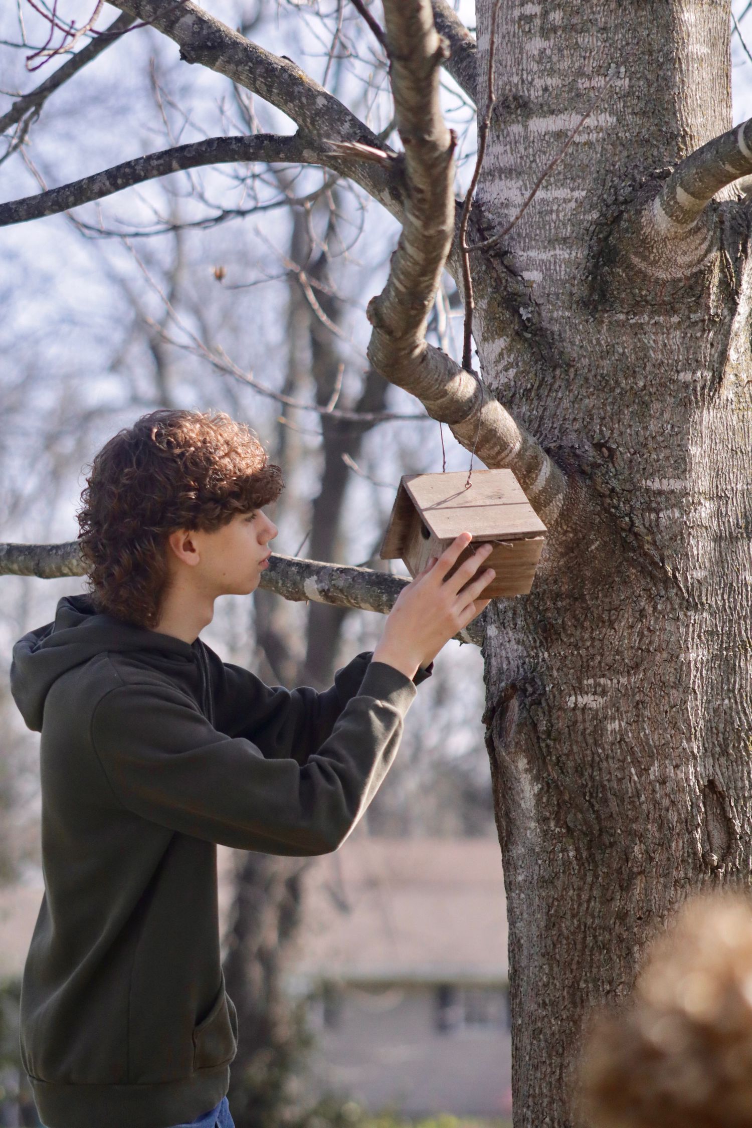 guy touching bird house