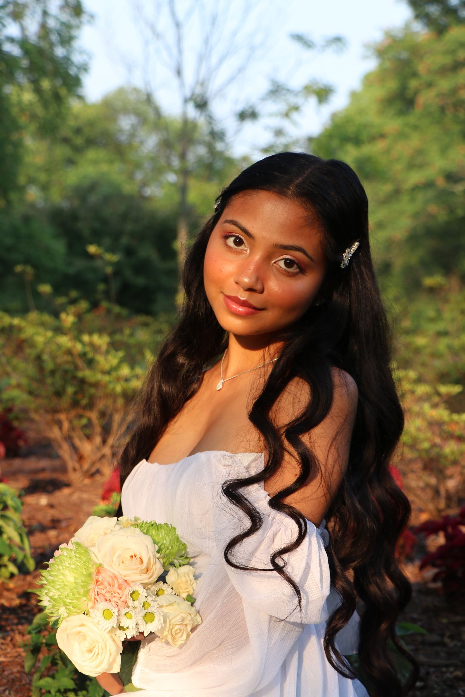 A sequence of portrait photos showing someone in a white dress holding a bouquet of flowers in a natural outdoor setting.