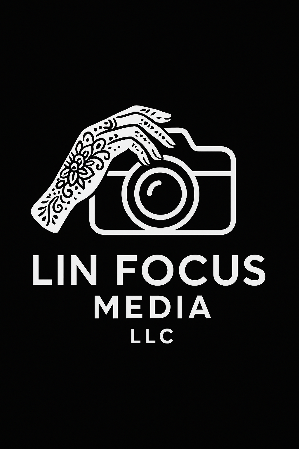 A series of black and white logo variations for 'In Focus Media LLC' featuring stylized camera lens and text designs.