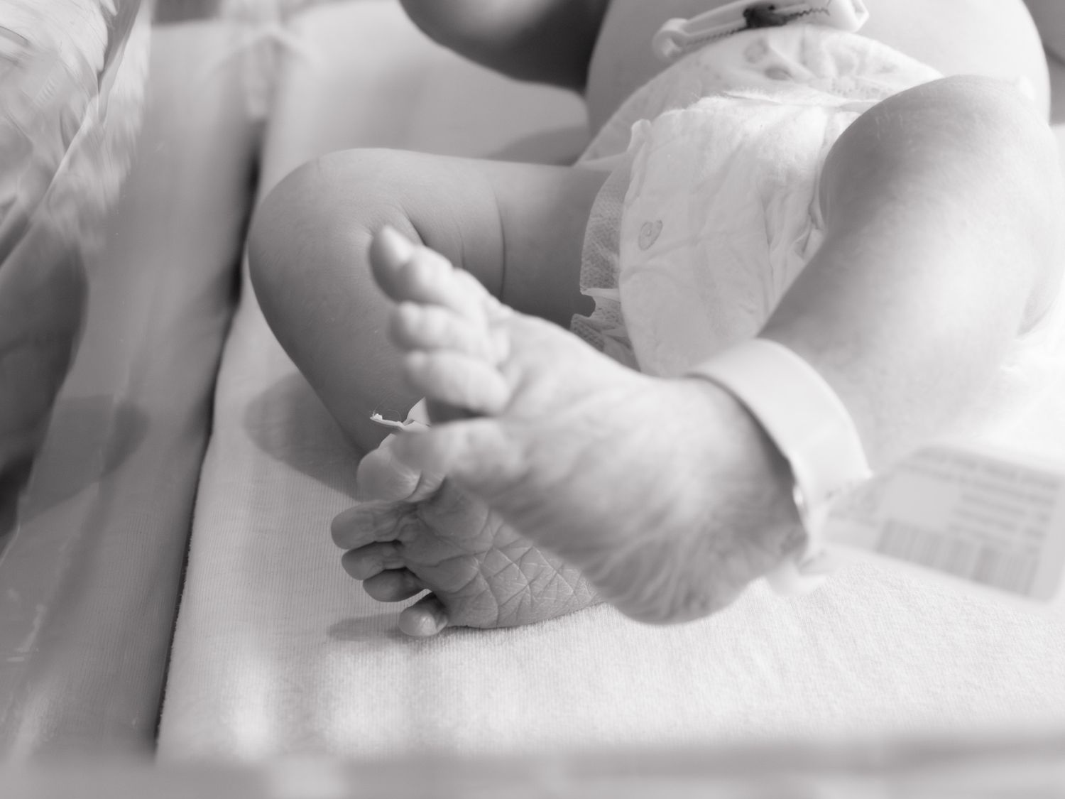 Black and white close-up of tiny newborn baby feet with hospital identification tag.