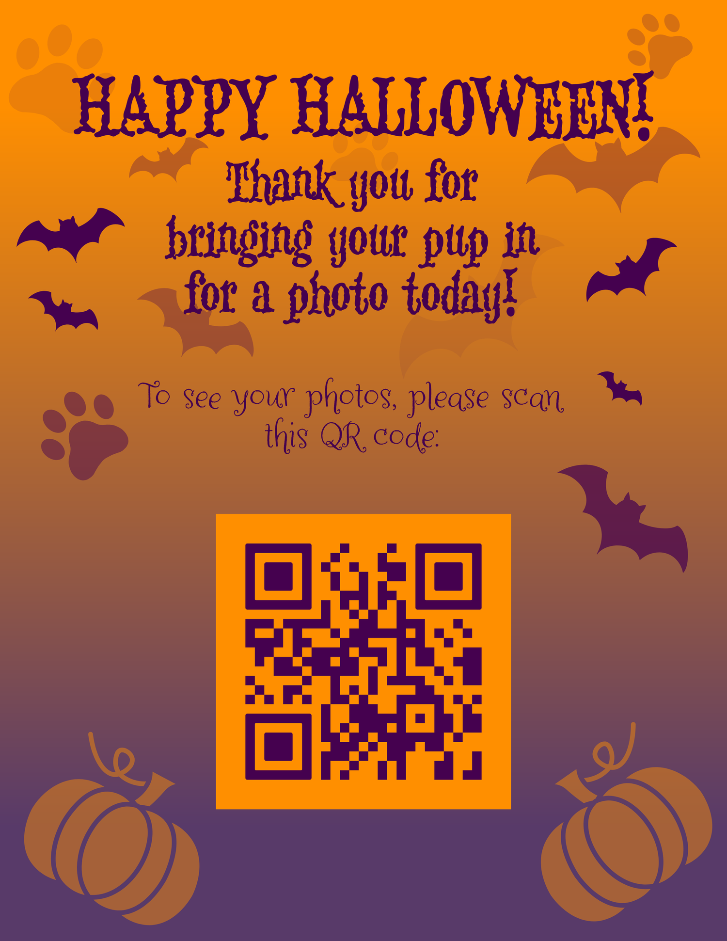 Happy Halloween flyer thanking pet owners for bringing their pup in for a photo with a QR code.