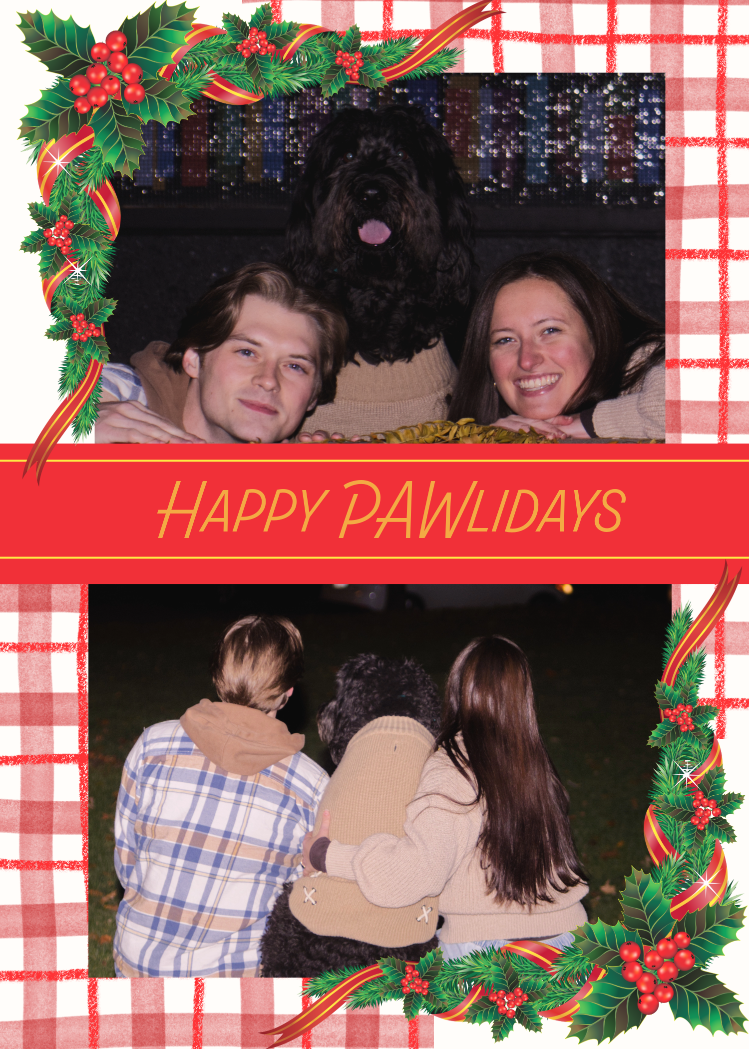 Happy PAWlidays Christmas card featuring two photos of a couple with their large fluffy black dog.
