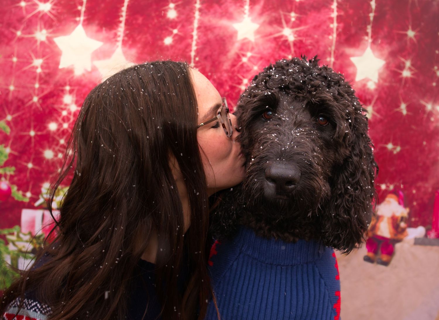 Young woman giving a kiss to her fluffy black dog dusted with snow in front of red Christmas backdrop.