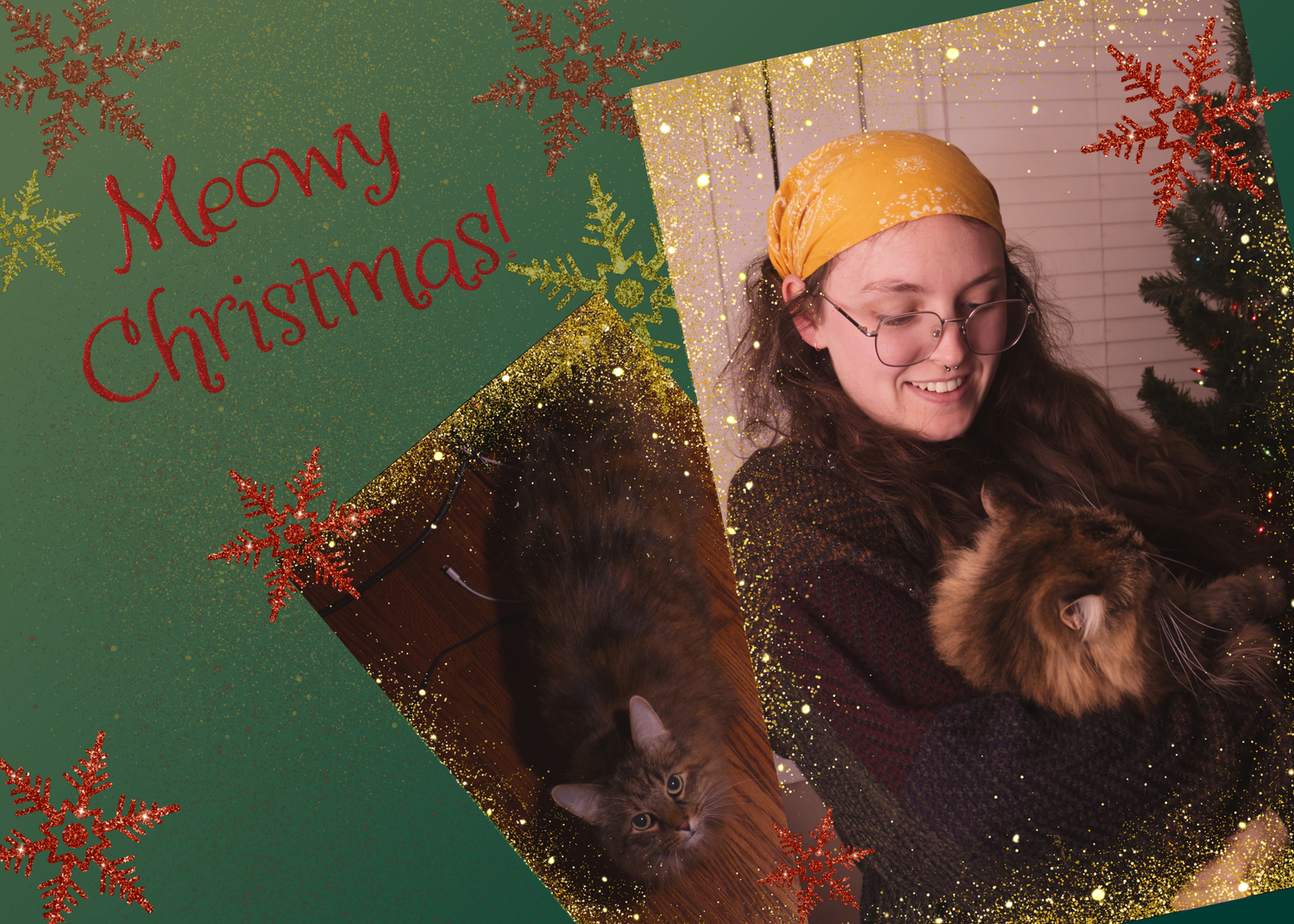 A woman in a yellow hat holds cats near a Christmas tree on a festive Meowy Christmas holiday card.