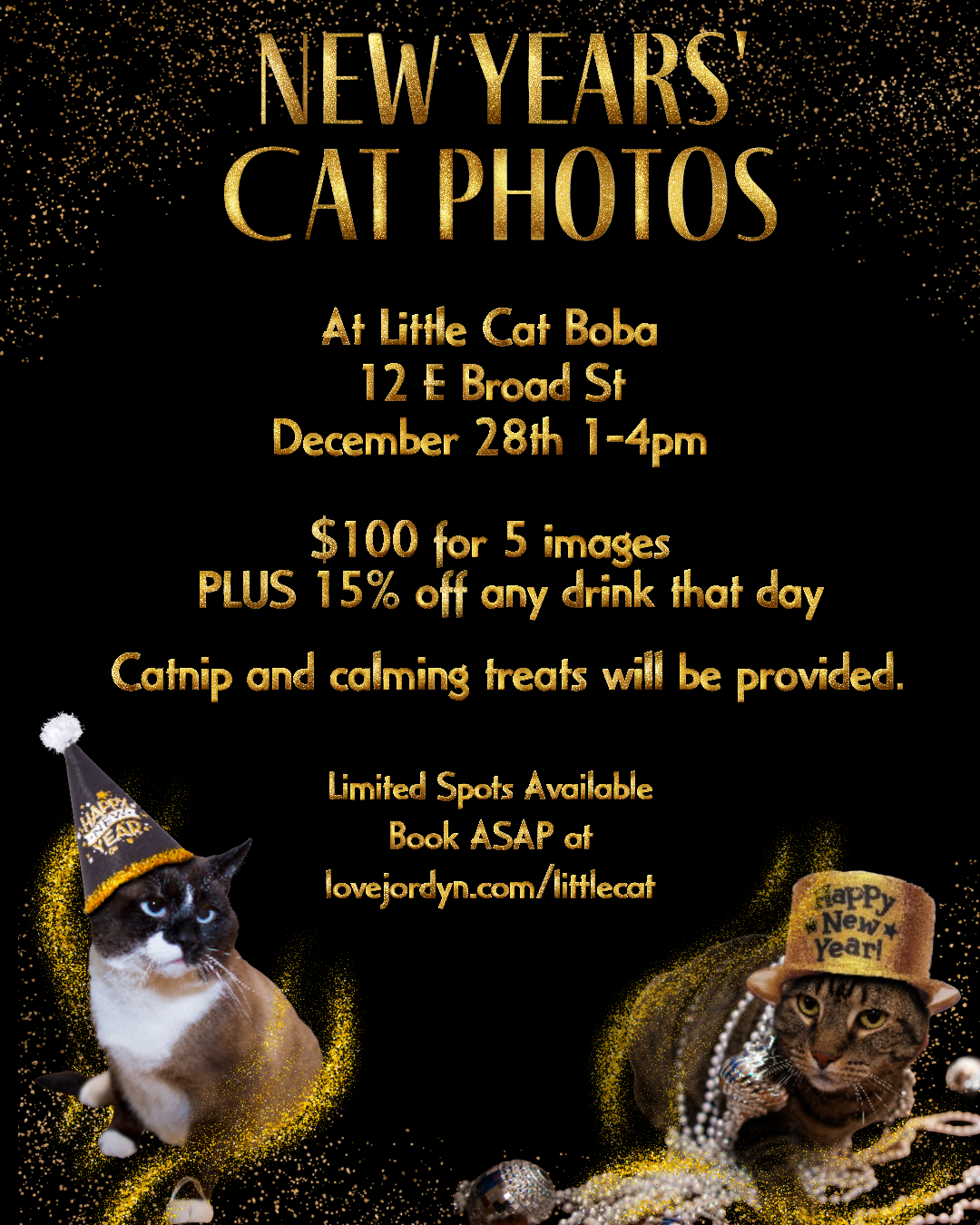 Two cats in New Year hats on a New Years Cat Photos event flyer at Little Cat Boba on December 28th.