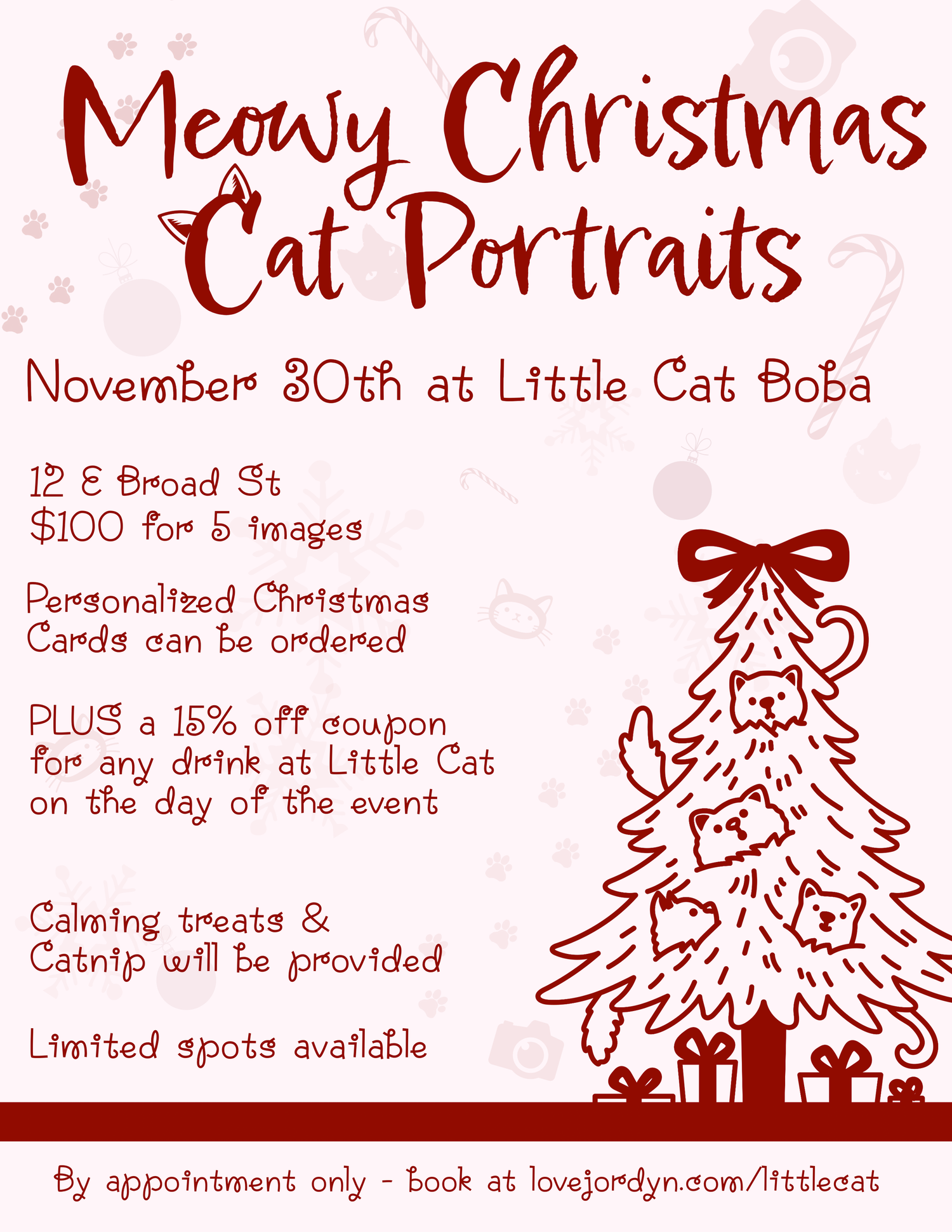Meowy Christmas Cat Portraits event flyer for November 30th at Little Cat Boba offering holiday cat photos.