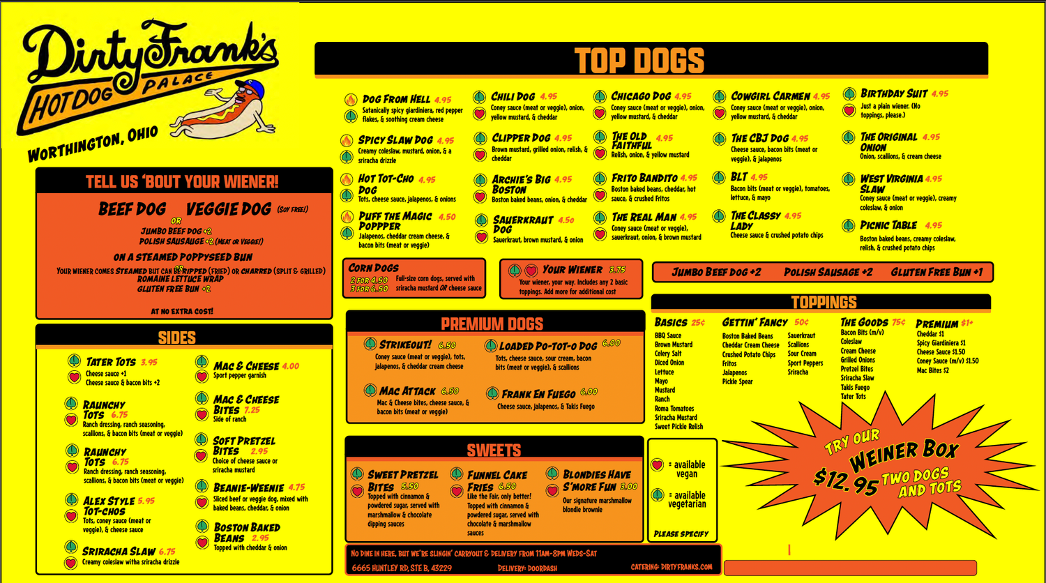 Dirty Franks Hot Dogs restaurant menu board featuring top dogs, premium dogs, and build-your-own options.