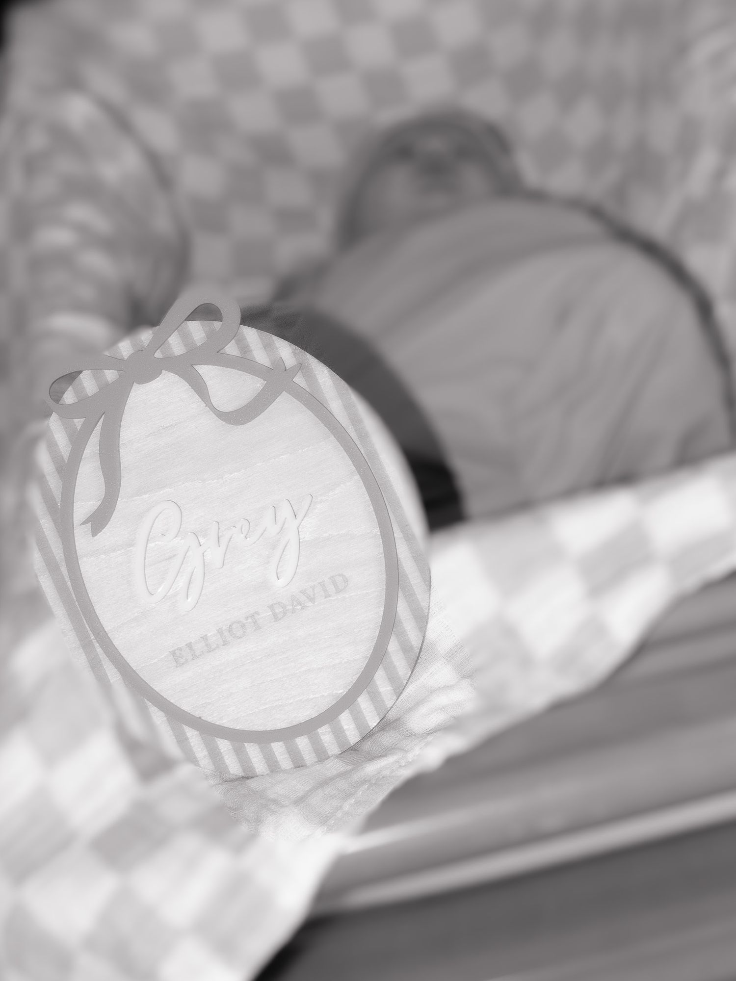Black and white photo of wooden baby name plaque reading Grey Elliot David in bassinet.