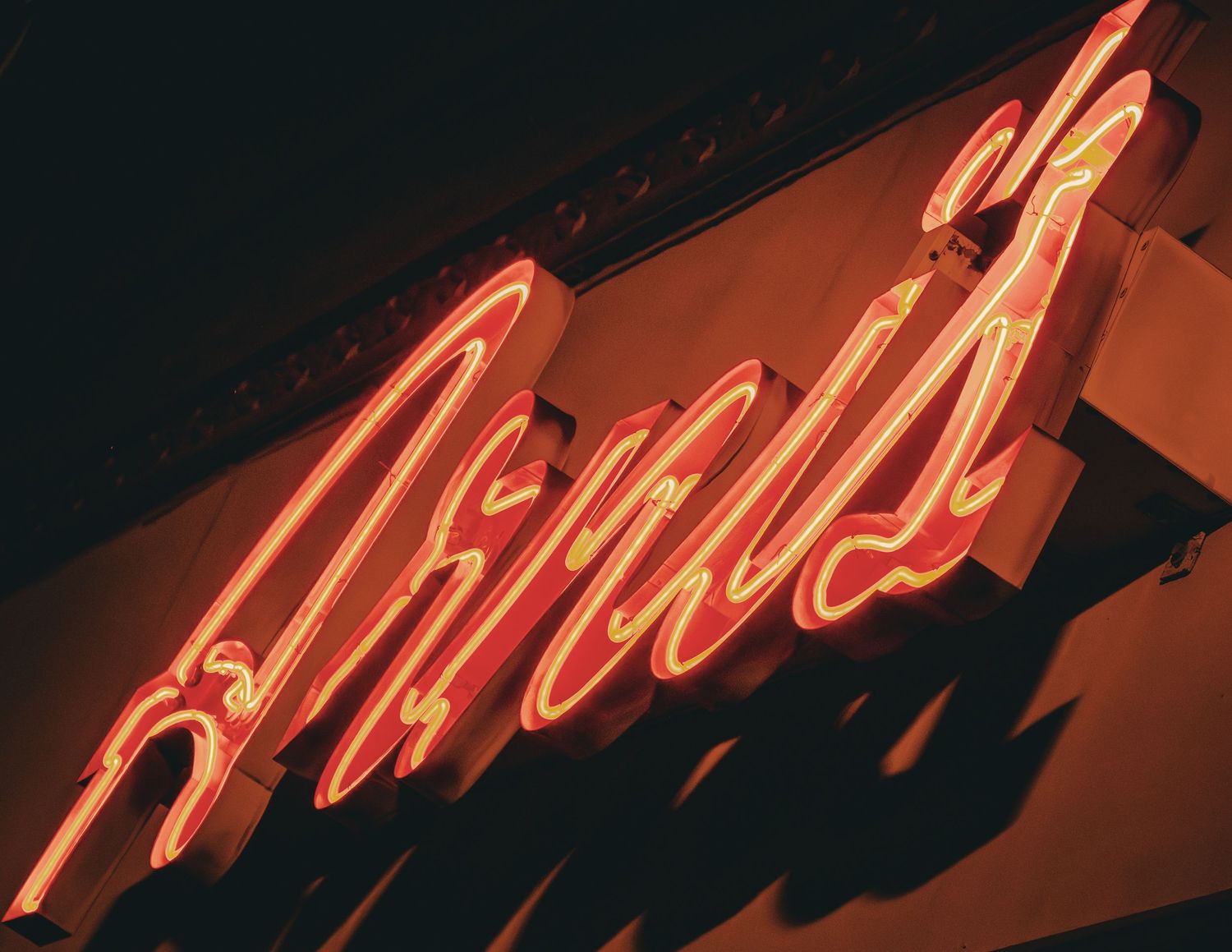 Glowing red neon signs illuminated against a dark background.