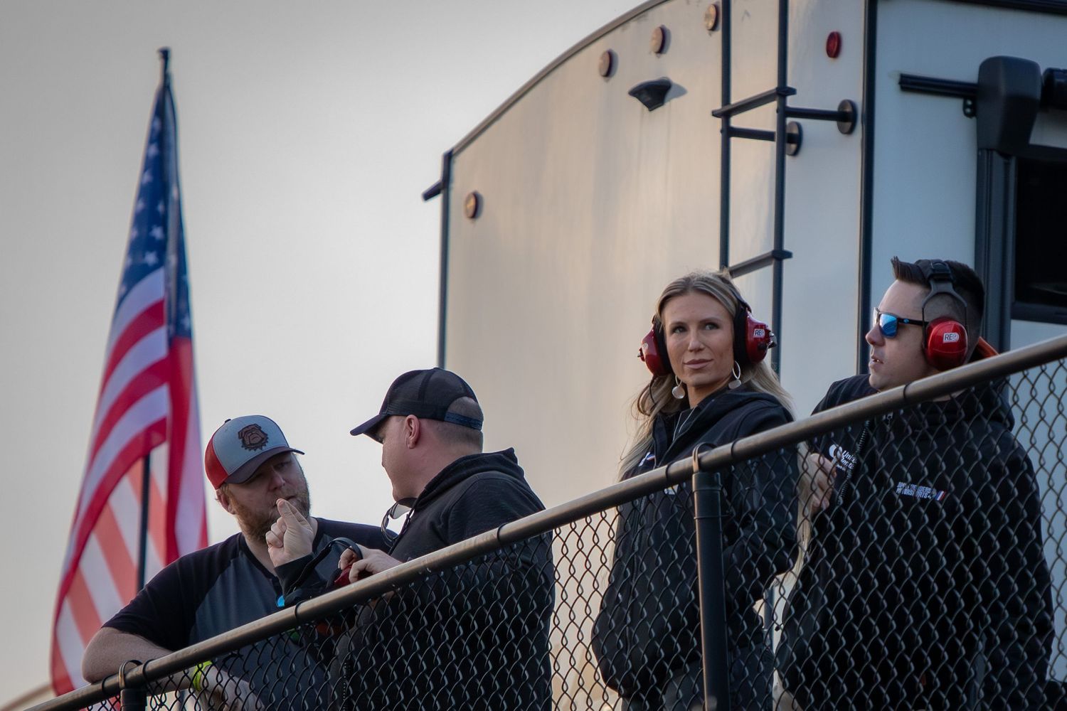 Officials and spotters watch the race action during the AutoTrader 400 on February 22nd 2026 at EchoPark Speedway