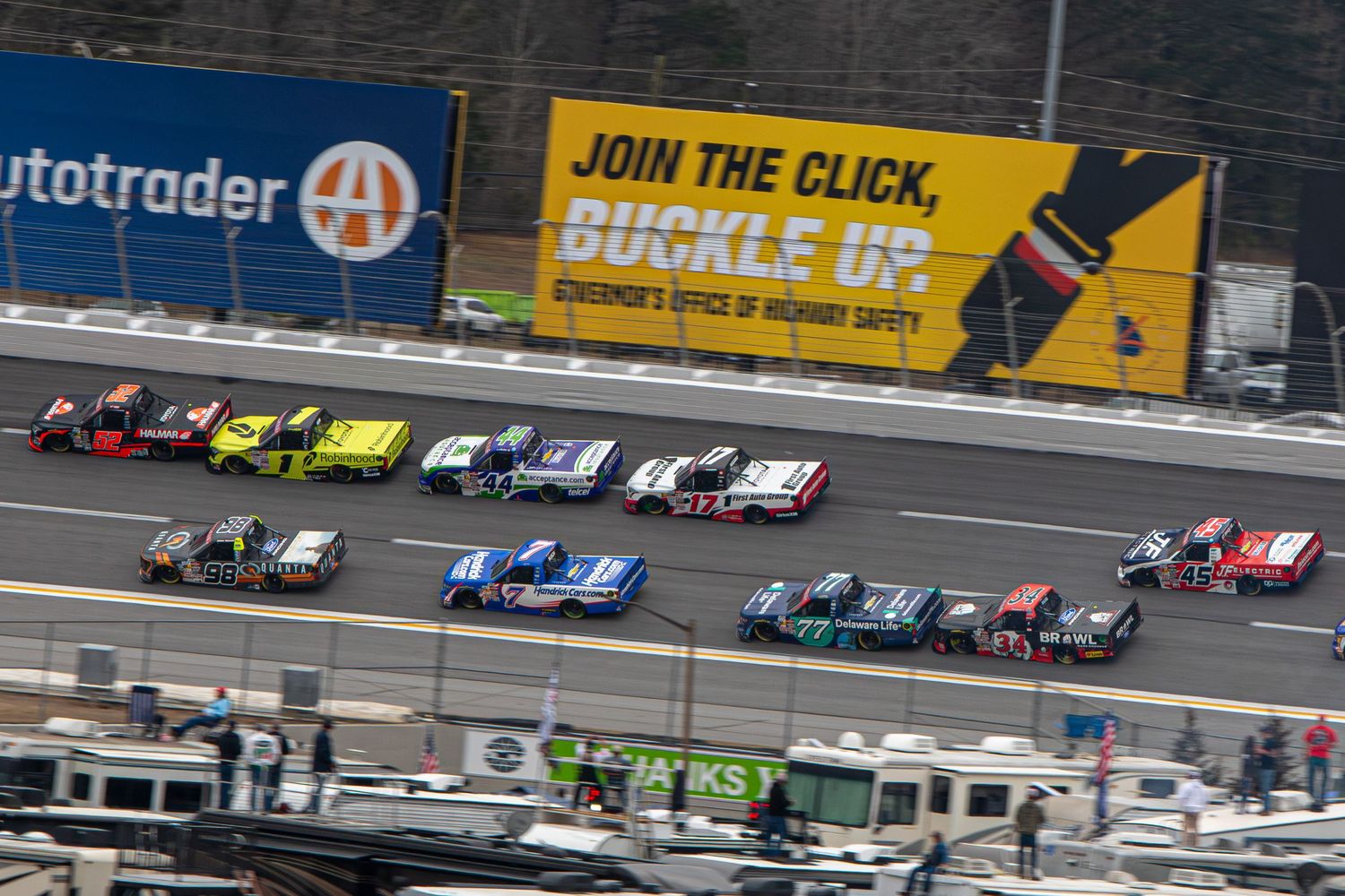 Aerial view of NASCAR trucks racing during the Fr8 Racing 208 at EchoPark Speedway on February 21st 2026.