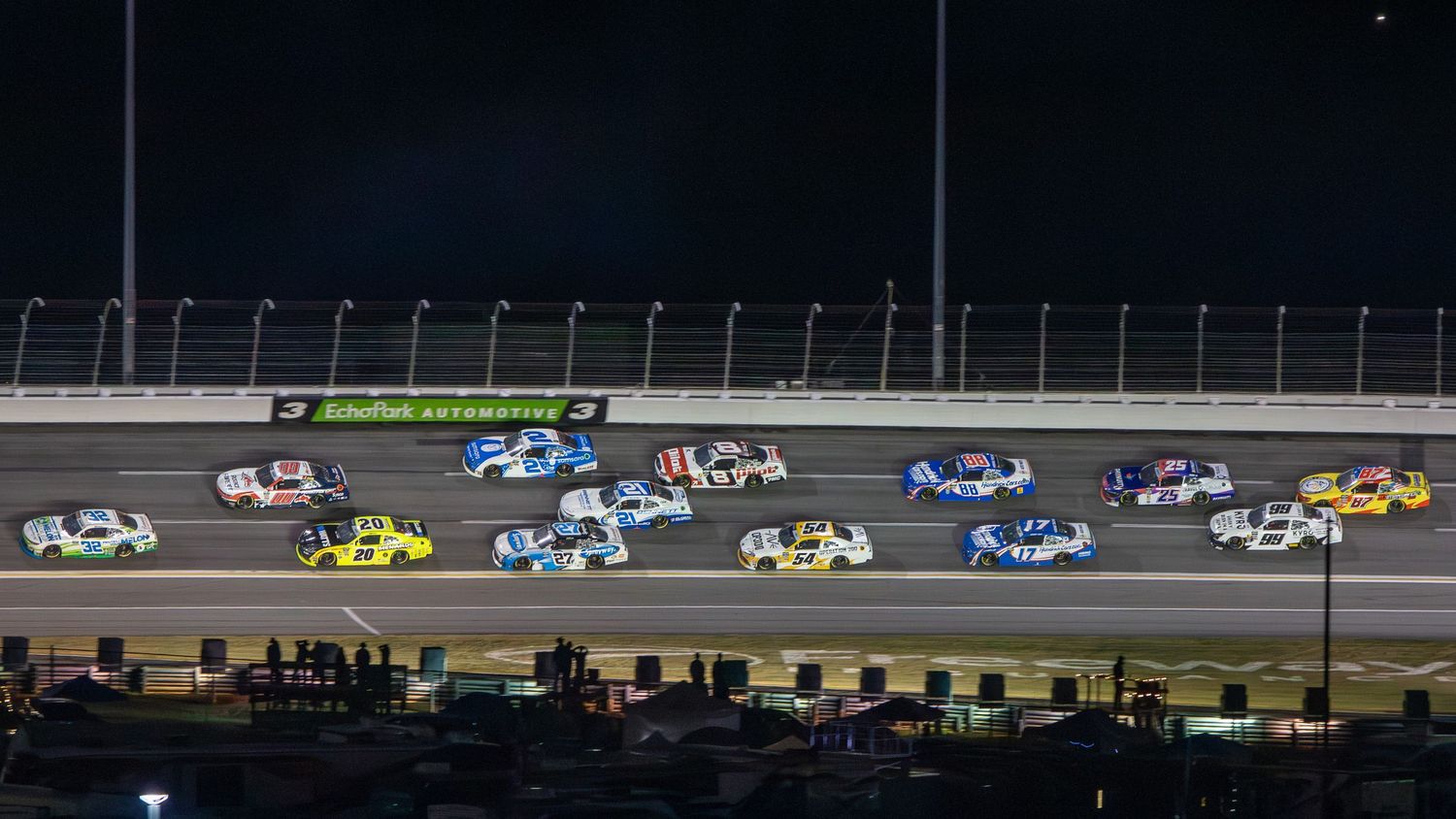 Aerial view of NASCAR stock cars racing during the Bennet Transportation & Logistics 250 on February 21st 2026