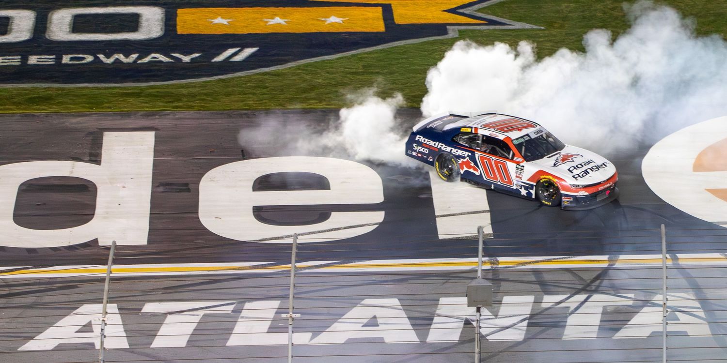 Sheldon Creeds celebrates with a victory burnout during the Bennet Transportation & Logistics 250 on February 21st 2026