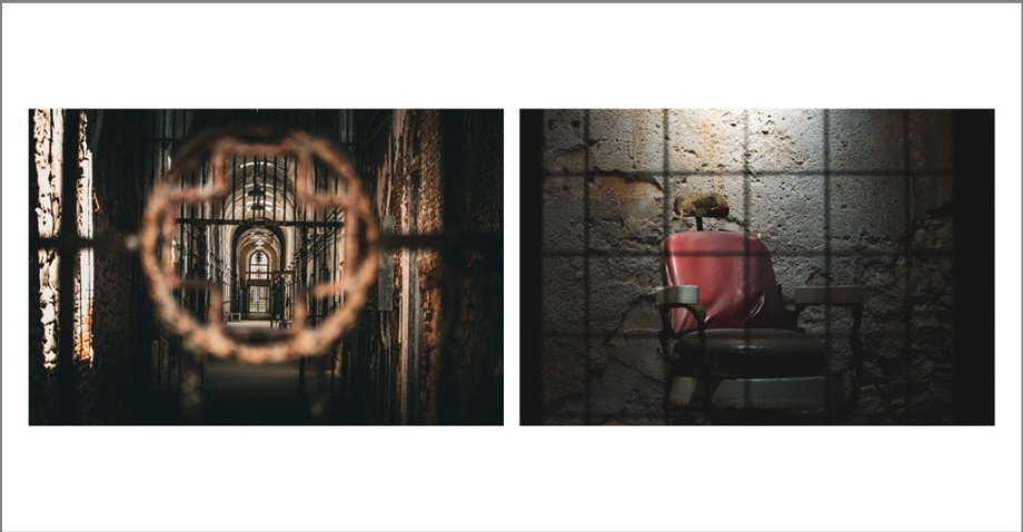 Two artistic photographs showing an illuminated archway and a red lantern behind metal bars.