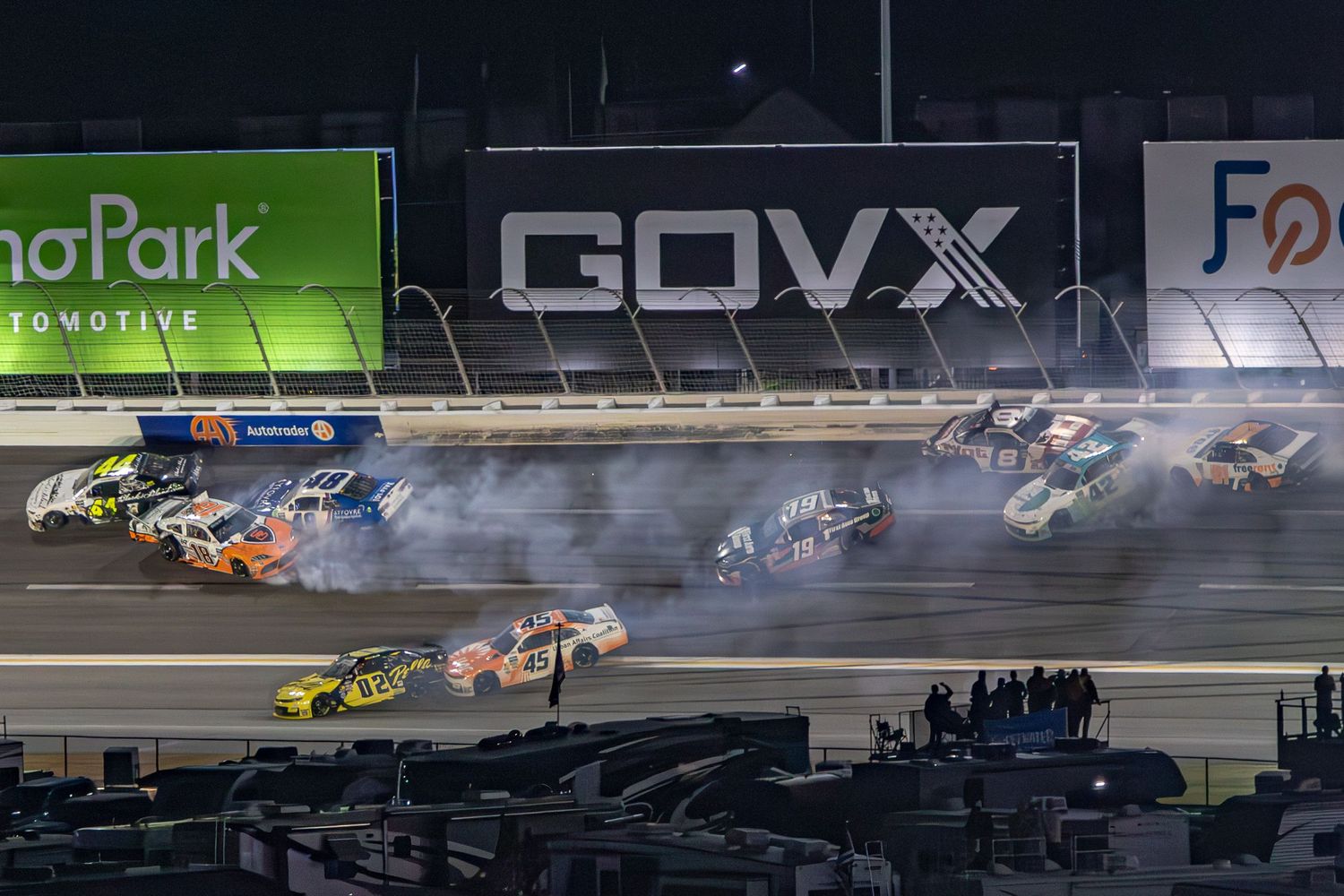 Multi-car crash creates smoke and sparks during the Bennet Transportation & Logistics 250 on February 21st 2026