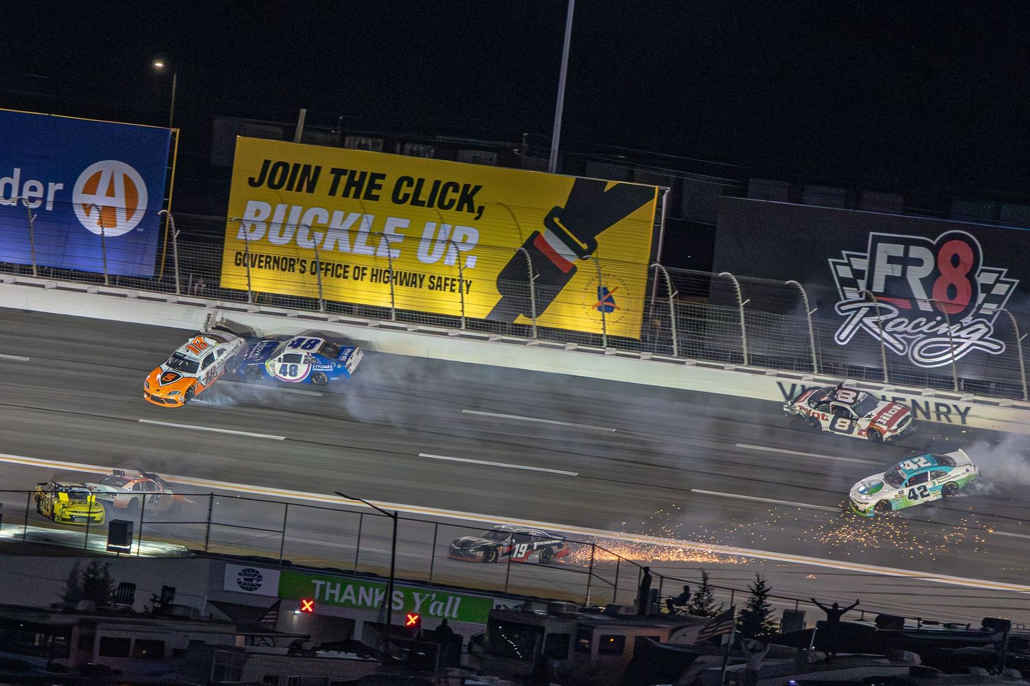 Multi-car crash creates smoke and sparks during the Bennet Transportation & Logistics 250 on February 21st 2026