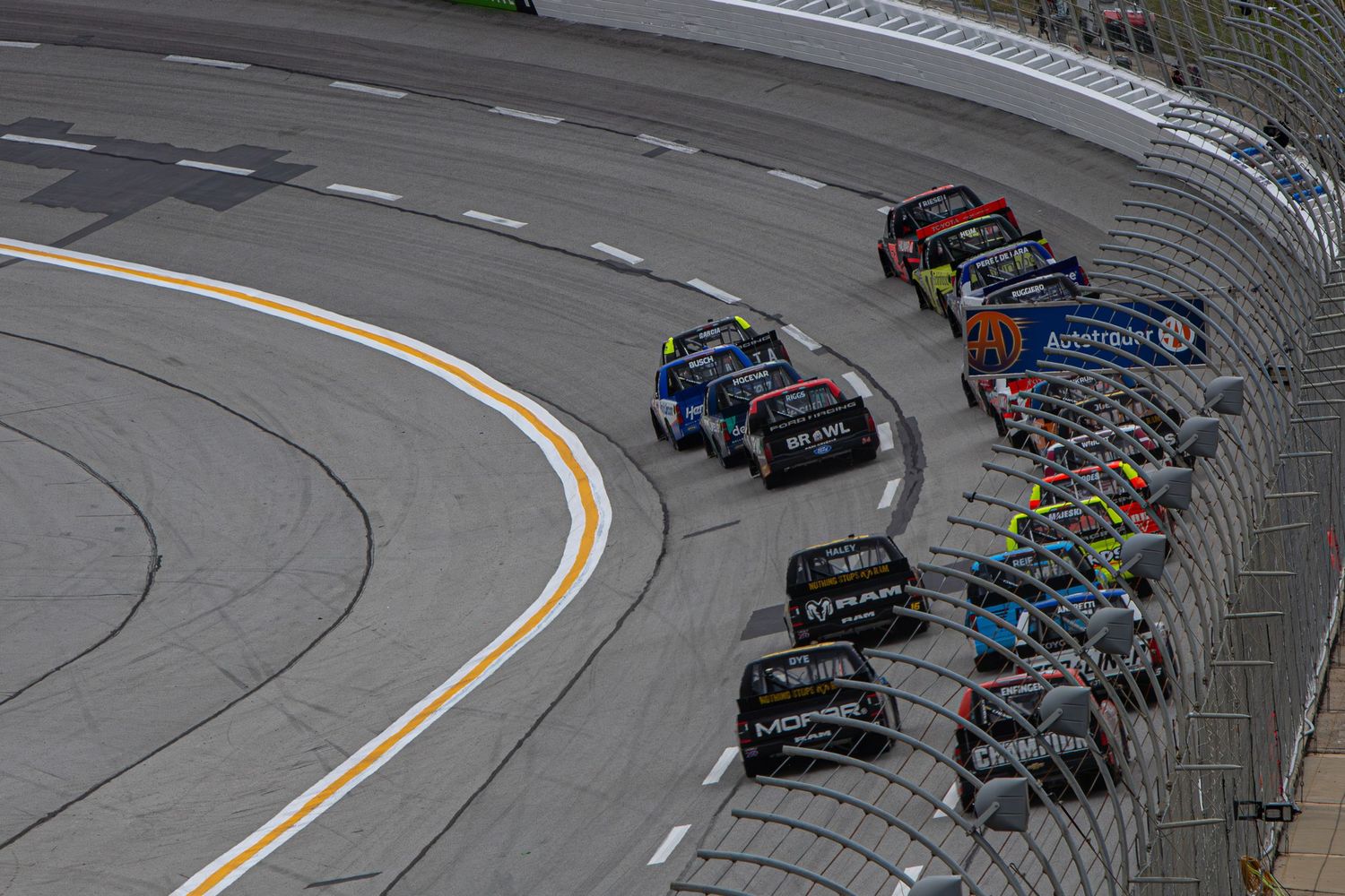 NASCAR trucks compete during the Fr8 Racing 208 at EchoPark Speedway on February 21st 2026.