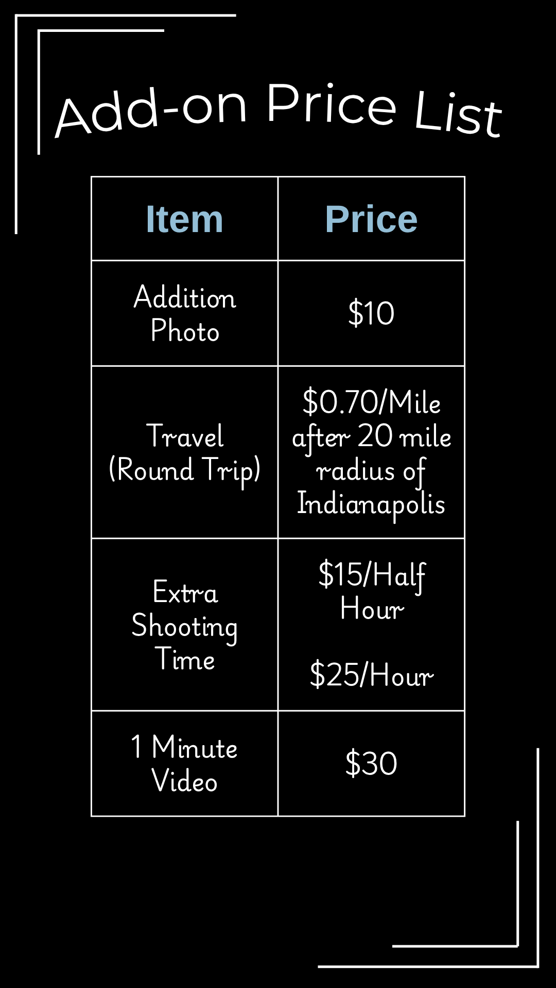 Add on price list
