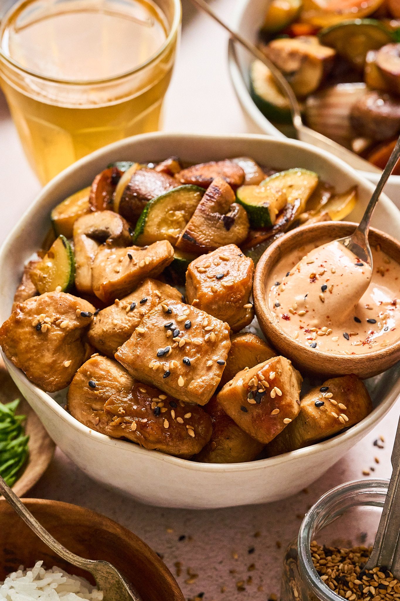 Close-up of a rustic meal styled with natural light and lived-in props