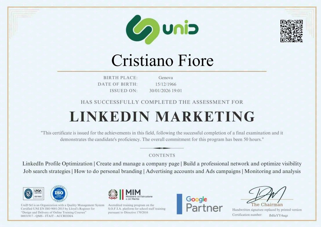 A collection of digital marketing and professional certification badges arranged in a horizontal layout.