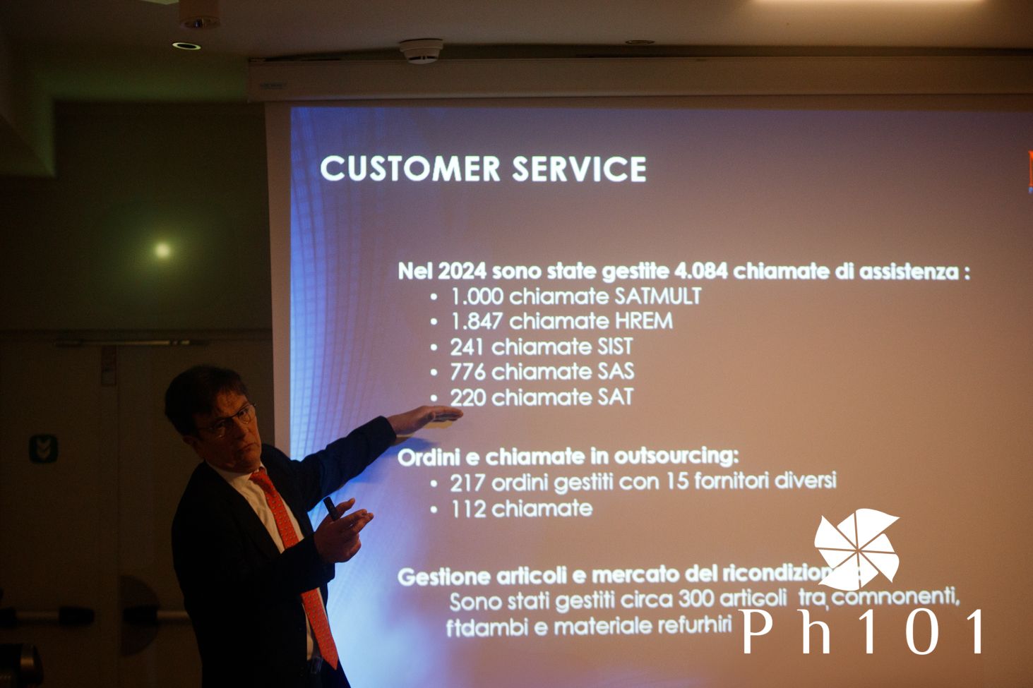 Presentation slide showing customer service statistics and metrics.
