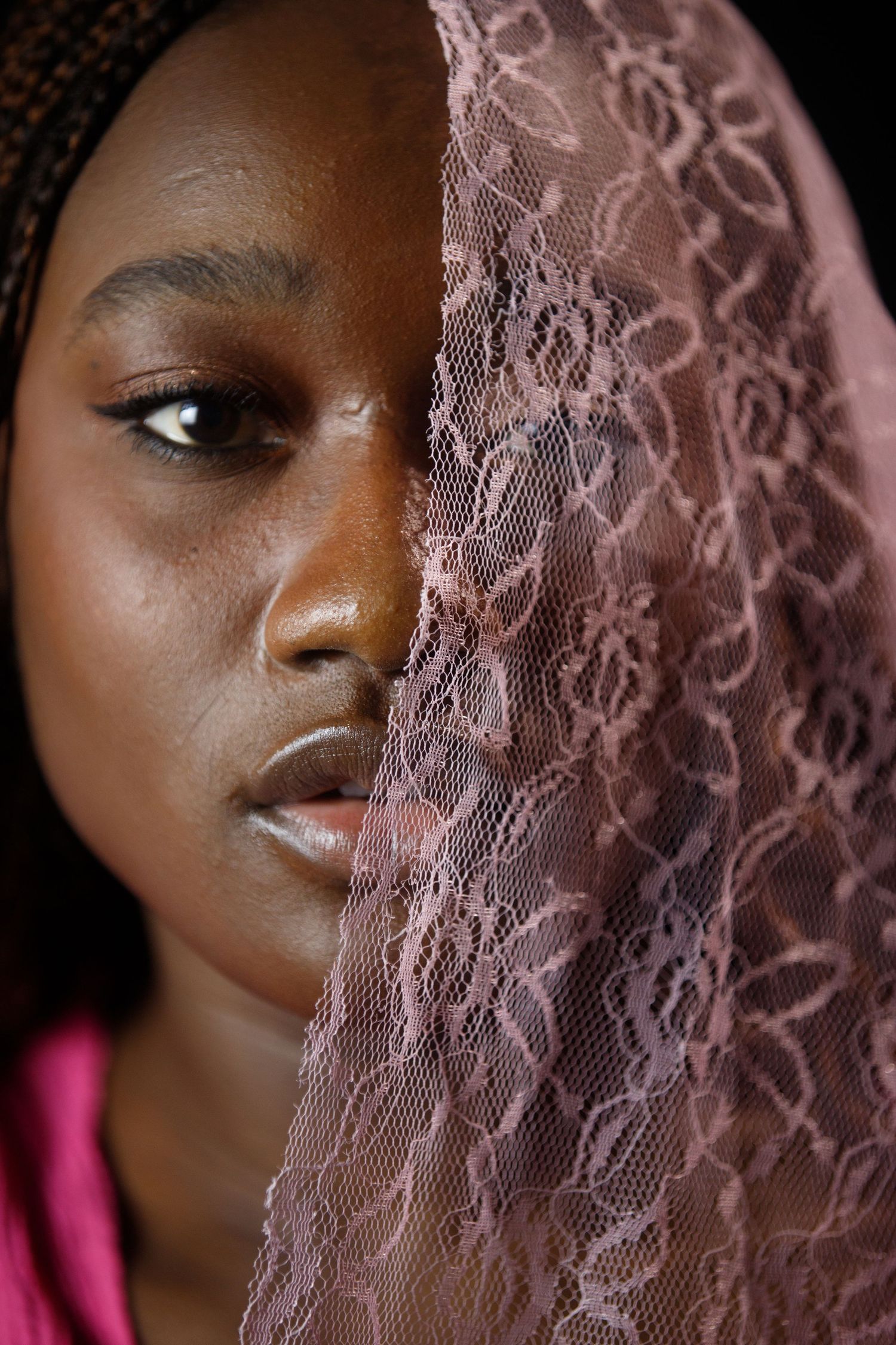 Close-up portraits with delicate pink lace creating soft, romantic aesthetic.