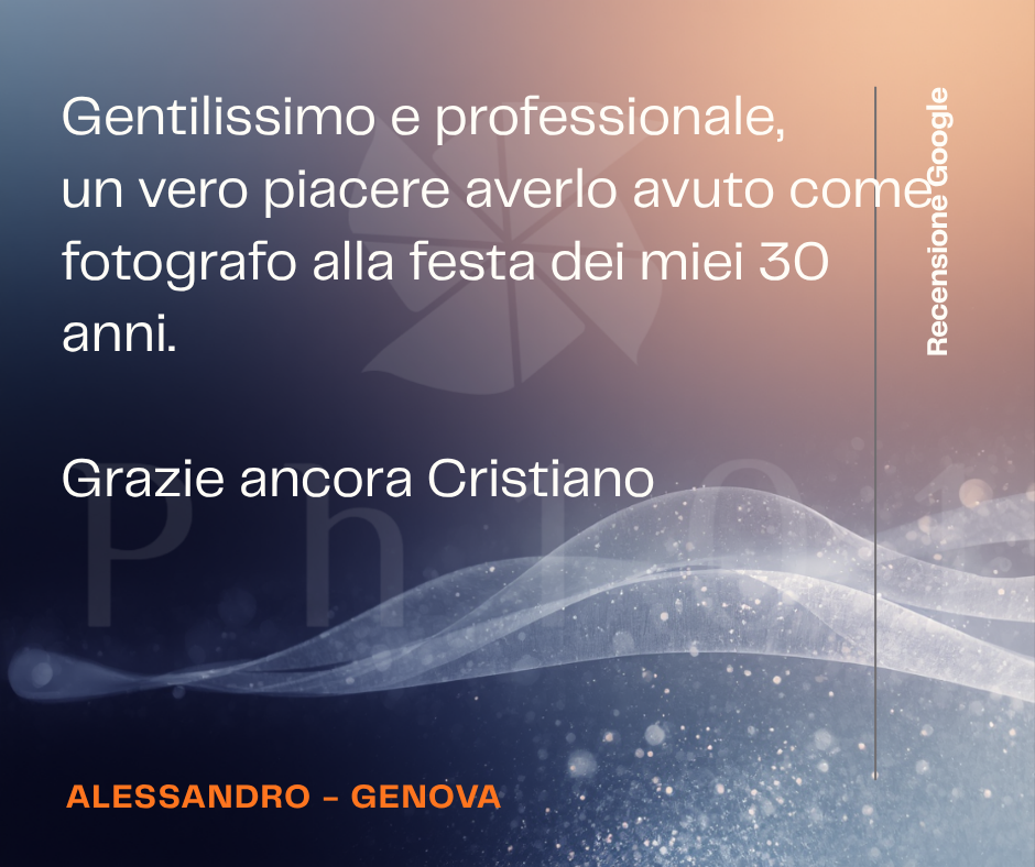 Google review card from Alessandro in Genova praising Cristiano as a professional photographer at his 30th birthday party.