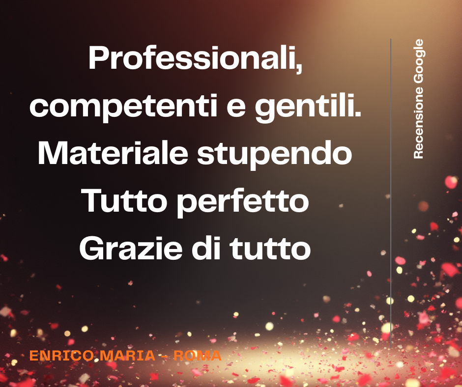 Google review card praising professional, competent service with stunning materials, featuring Italian text on dark background.