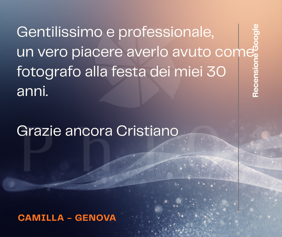 Google review from Camilla in Genova praising photographer Cristiano as professional and kind at her 30th birthday party.