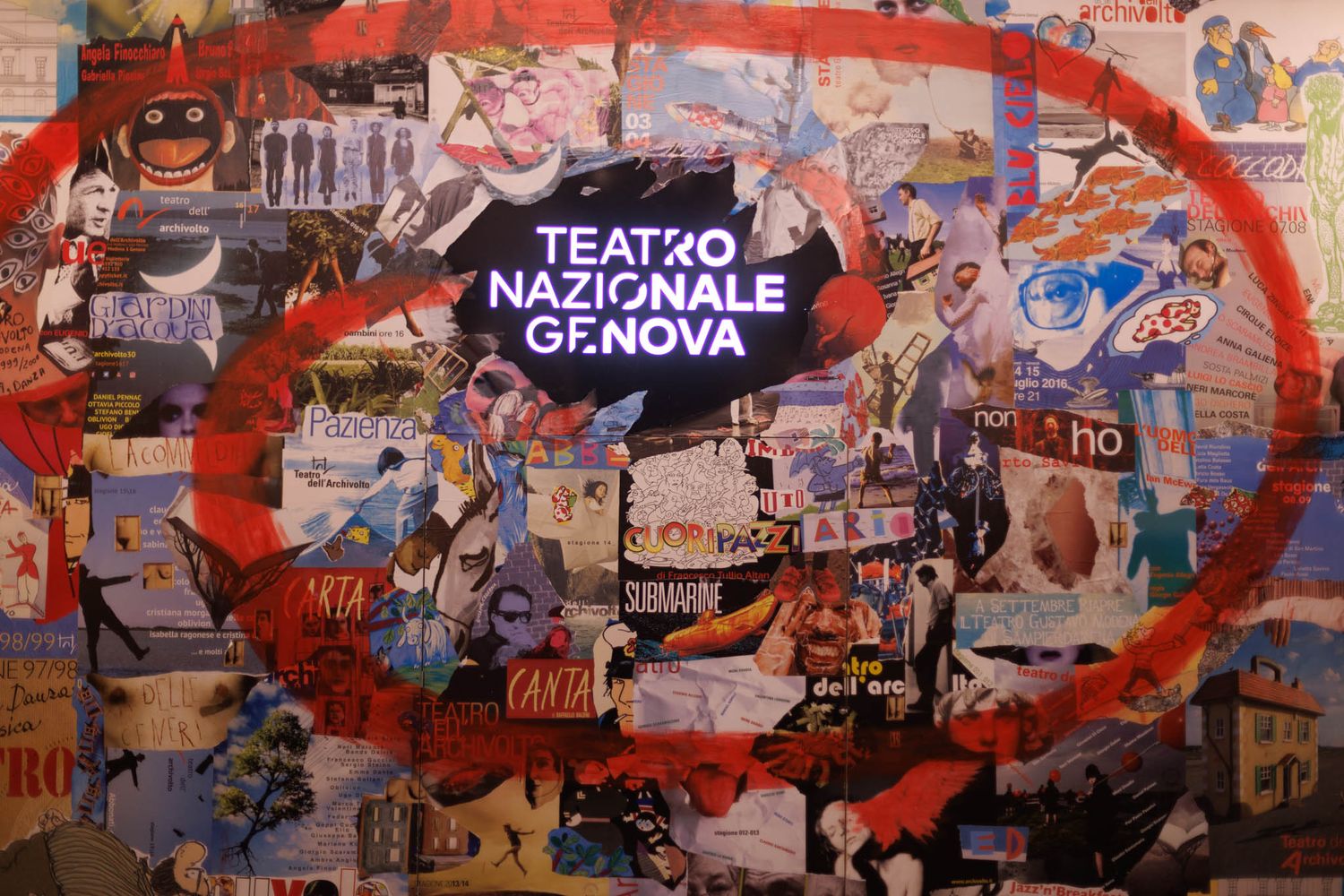 Colorful collage wall with overlapping posters and text for Teatro Nazionale Genova.