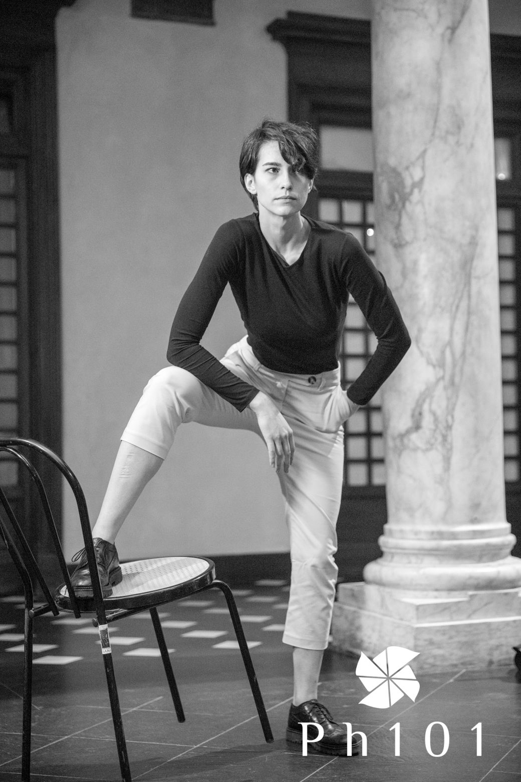 Series of dynamic poses showing interaction with chairs and columns in a classic setting.