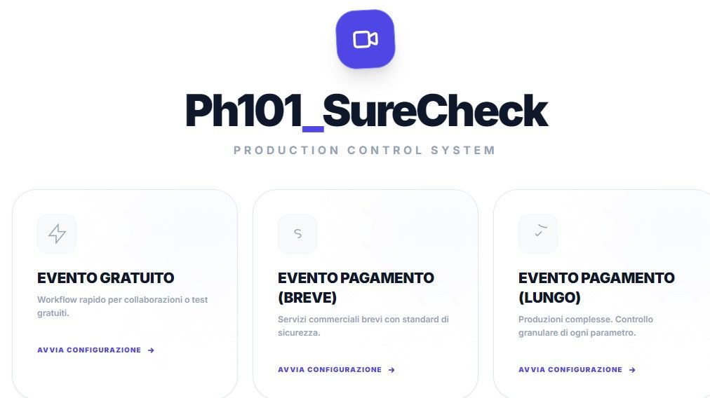 Dark minimalist design showing Ph101 SureCheck production control system interface.