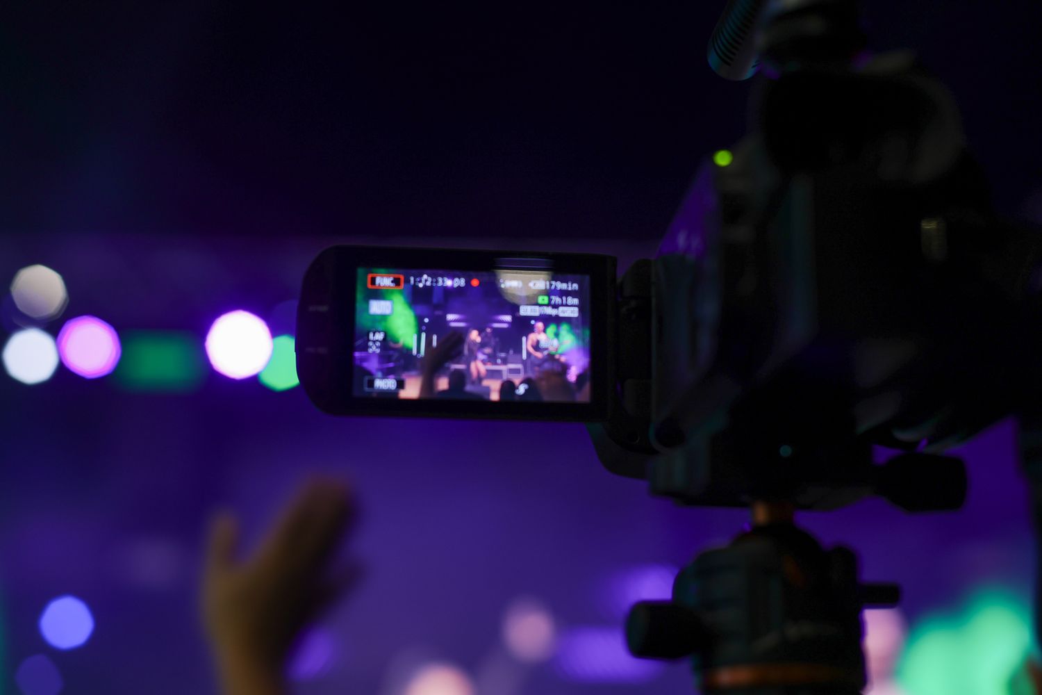 Dark concert venue illuminated by purple and green stage lights creating an atmospheric ambiance.