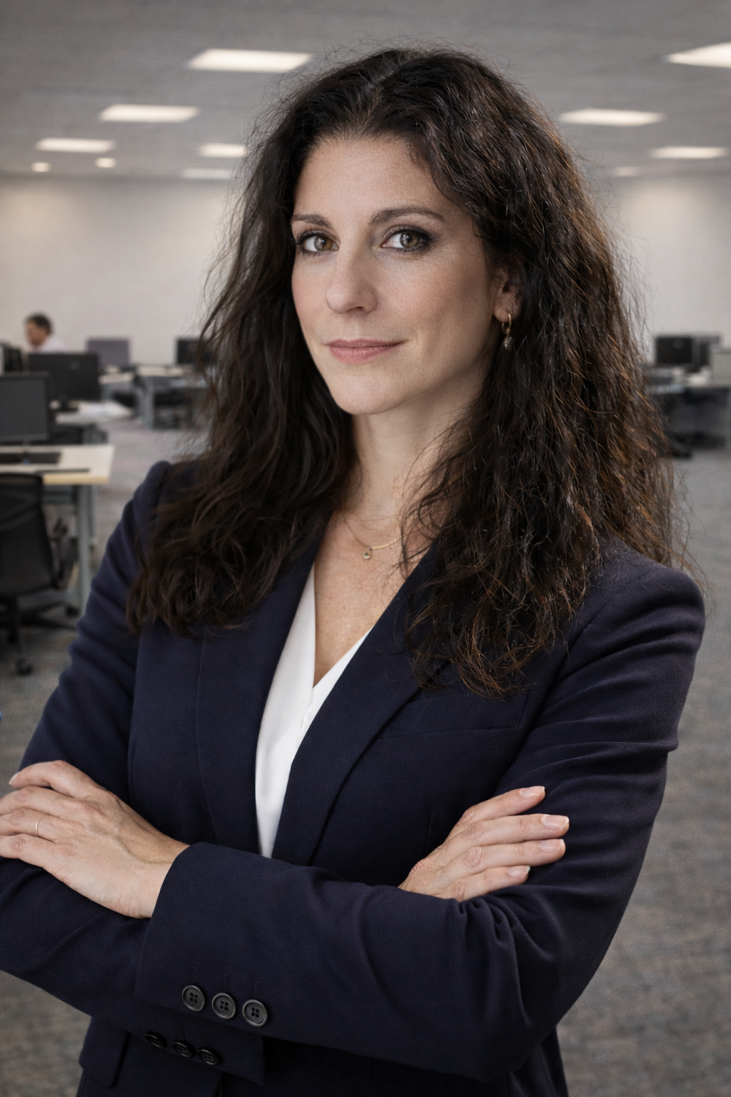 Professional wearing navy blazer and white shirt poses in office setting with crossed arms and curly dark hair.