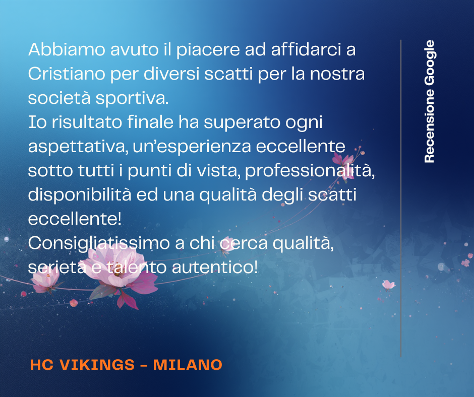 Google review card from HC Vikings Milano praising photographer Cristiano for sports photography with professionalism and quality.