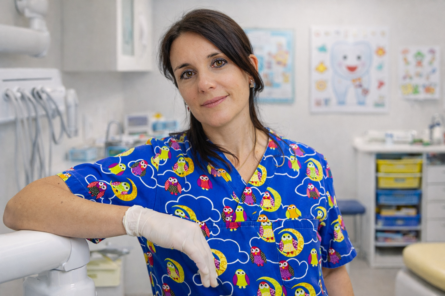 Healthcare worker in colorful scrubs demonstrates medical procedures in a clinical setting.