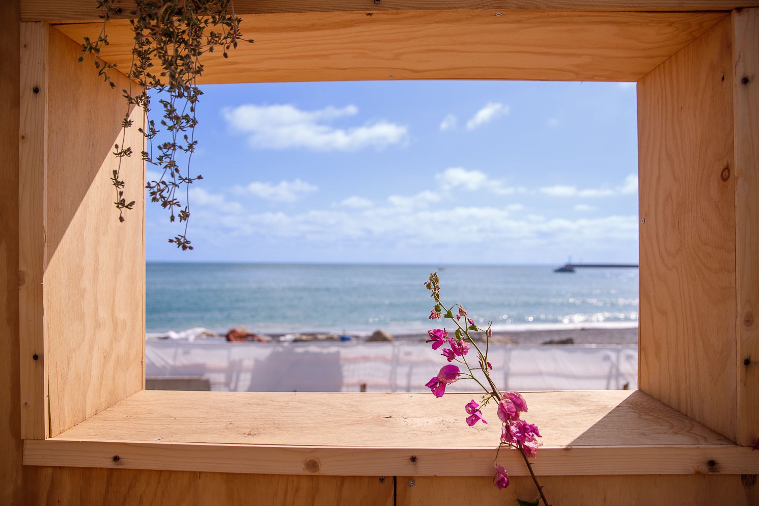 Scenic ocean view framed through wooden window with pink flowers in foreground.