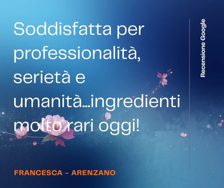 Google review by Francesca from Arenzano praising professionalism, seriousness, and humanity as rare qualities today.