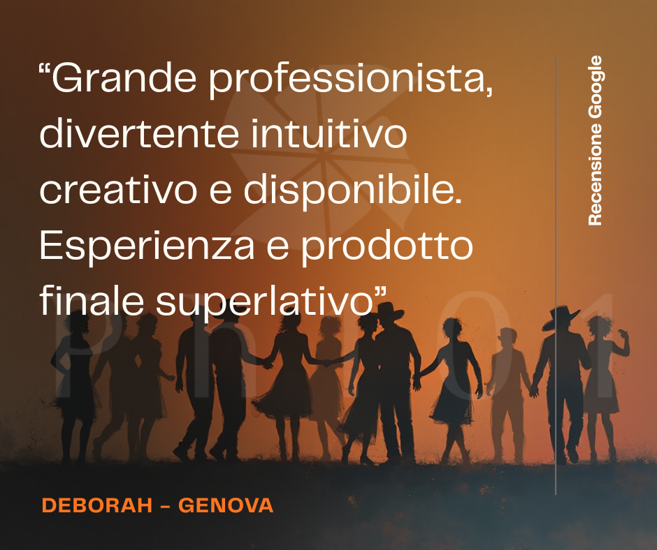Silhouettes of people against sunset sky with testimonial text overlay.